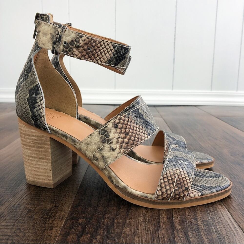 Frye & Co Strappy Block Heel Leather Sandal Snakeskin Size 8.5 Gray Brown Multi
